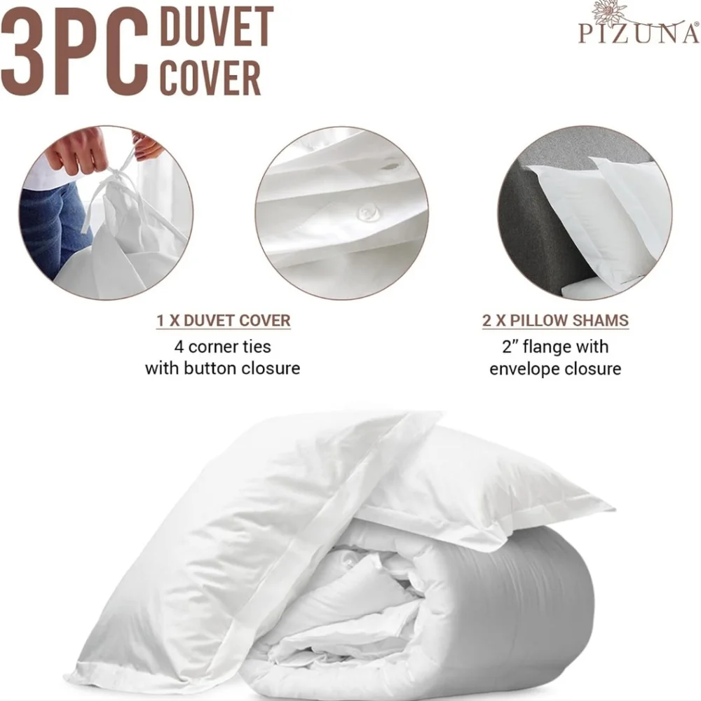 Pizuna Pure 100% Cotton King Duvet Cover with Shams, Luxurious 400 Thread Count